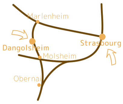 Plan schématique comprenant Dangolsheim, Strasbourg, Marlenheim, Molsheim, Obernai